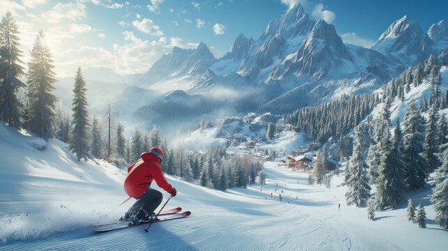 Skier descends snowy mountain slope at sunrise. - Powered by Adobe