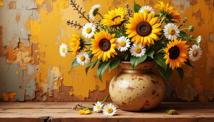 Rustic vase filled with sunflowers and daisies, artistic still life © Igor