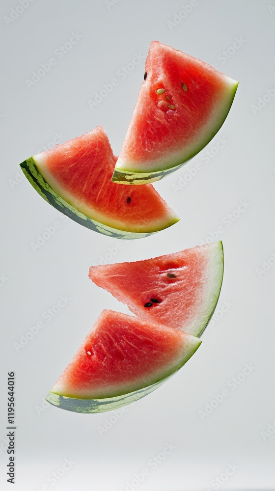 Poster Four slices of fresh, ripe watermelon are levitating against a simple white backdrop, creating a visually appealing display of this refreshing summer fruit