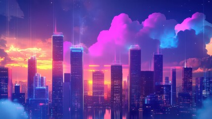 Fototapeta premium Vibrant Cityscape at Dusk with Colorful Clouds
