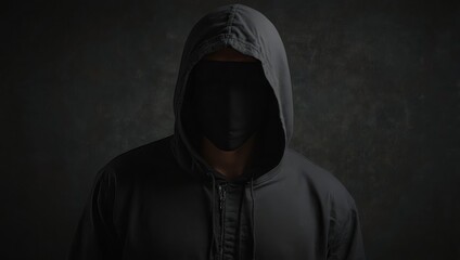 A Guy in a black hood on a dark background hides his face