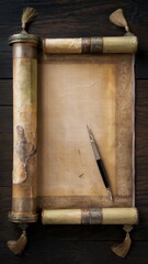 "Ancient Royal Scroll Awaiting the Calligrapher's Touch: Worn Parchment, Golden Filigree, and Silver-Edged Writing Tool Evoking Regal Antiquity and Artistic Elegance"
