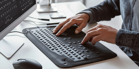 Modern Braille display device connected to a computer, with a visually impaired person using it to read digital text.