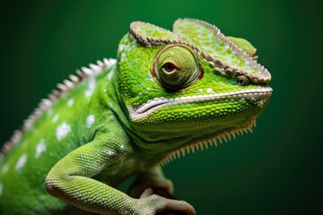 Obraz premium Small Chameleon on Green Background. Isolated Little Lizard Portrait in White
