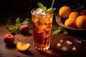 Sparkling Peach Iced Tea Cocktail with Lemonade and Cold Beverage. Cuba Libre or Long Island Iced Tea in Glass with Straw for Summer Refreshment