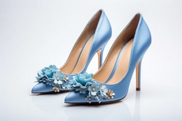 Naklejka premium Stunning Blue Wedding Shoes with Delicate Flower Bouquet Detail for the Fashionable Bride