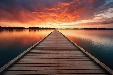 Symmetry at its Finest: Long Pier on the Lake at Sunset with Reflections Creating Perfect Balance