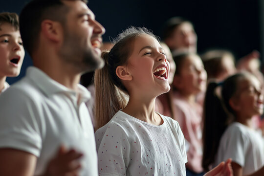 Passionate music teacher conducting a school choir, students singing with joy and enthusiasm.
