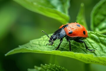 Ladybug covered with dew drops walking on a green leaf in a garden