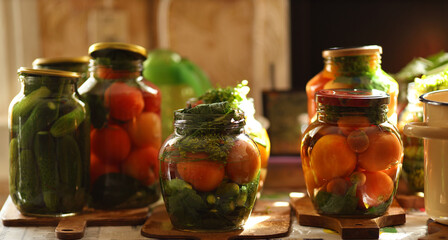 Clean glass open jars with fresh green cucumbers, large and small red tomatoes, dill sprigs, horseradish plant leaves, filled brine, covered metal yellow colored lids stand on table wooden stands