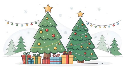 Fototapeta premium Cheerful Christmas Trees with Festive Decorations and Gifts V5