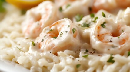 Close-up of rice with creamy shrimp alfredo. Featuring shrimp cooked in a creamy alfredo sauce, served over rice. Emphasizing a rich, indulgent dish. Ideal for alfredo recipes.