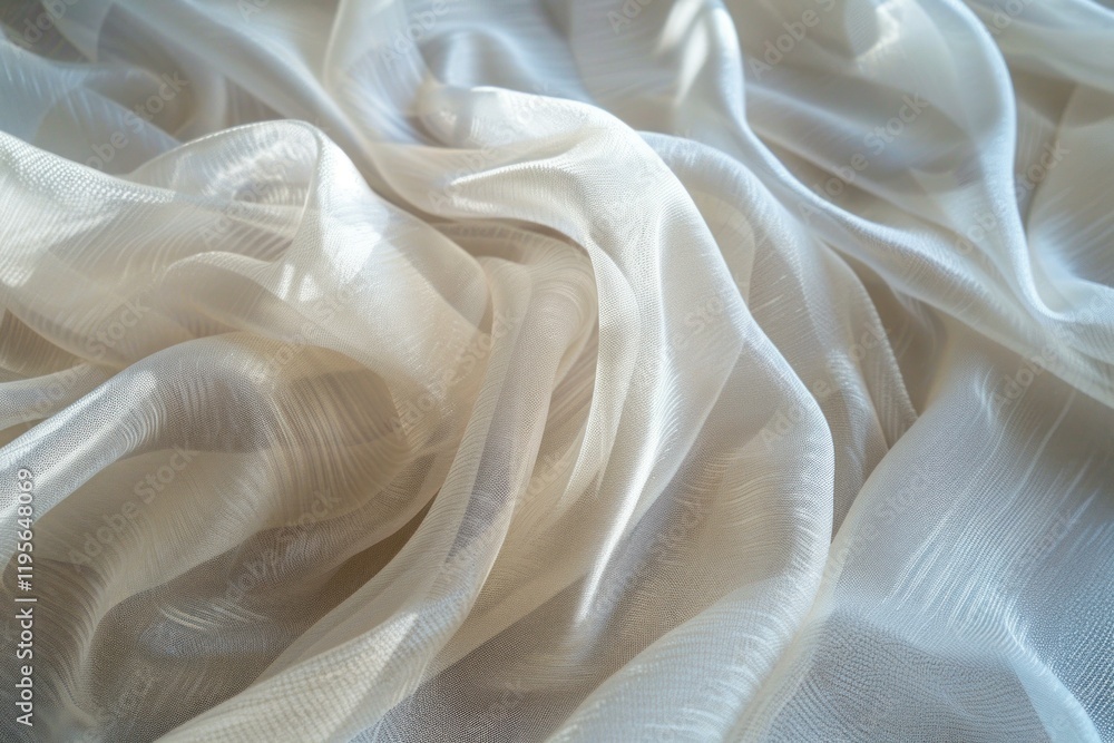 Poster white transparent silk fabric lying in folds on table creating abstract background