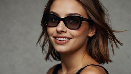 Fototapeta premium Cheerful female model in black stylish wear