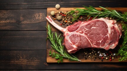 Top View of Raw Mutton Lamb Leg on Butcher Board with Wooden Background for Meat Lovers - Copy Space Available
