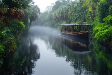 A serene riverboat drifting on a misty jungle waterway Dense tropical vegetation lining the banks, with reflections shimmering on calm water