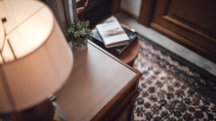 A top-down view of a hotel nightstand with a comfortable, blurring background that offers a blank hardwood surface for product customisation and display in a perfect, generative environment