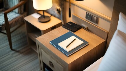 A top-down view of a hotel nightstand with a comfortable, blurring background that offers a blank hardwood surface for product customisation and display in a perfect, generative environment