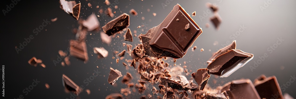 Aufkleber Pieces of fine dark chocolate bar exploding and levitating against a dark gray background, creating an enticing and dynamic scene filled with delicious indulgence