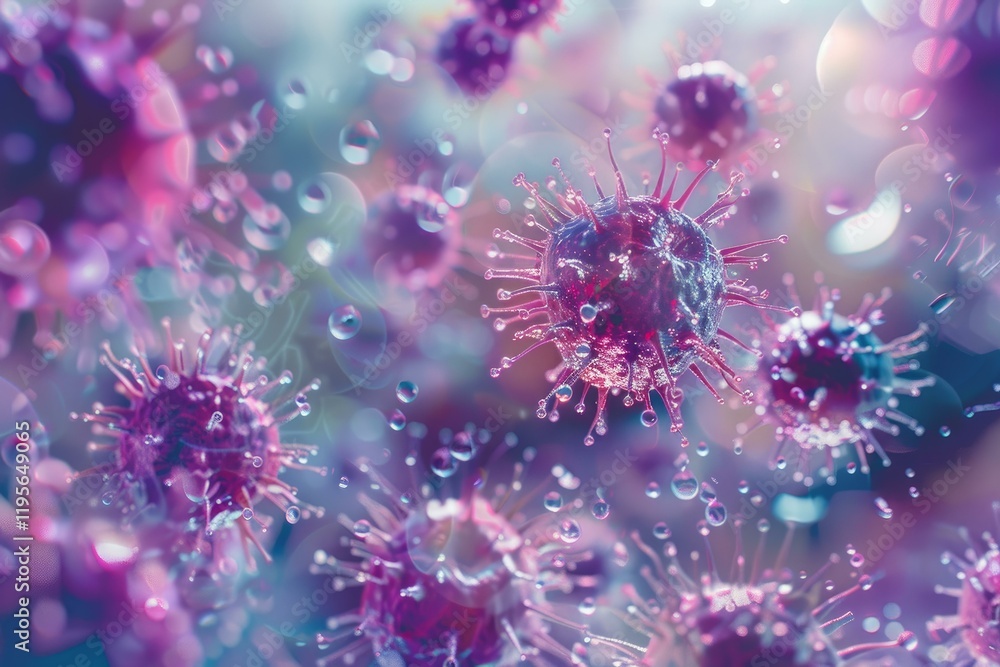 Aufkleber 3d rendering of virus particles floating in a liquid with bokeh effect