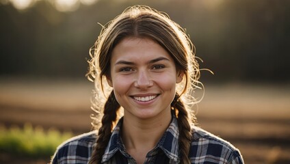 smiling young female farmer standing and looking at the camera, outdoors rural blurred background