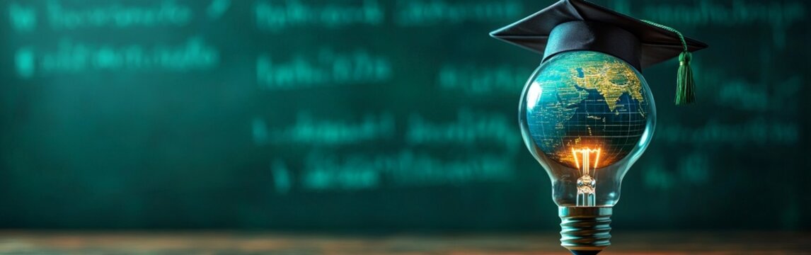 A creative visual of a glowing lightbulb with a globe and a graduation cap, symbolizing innovation in education and global learning. Great for educational content and academic campaigns.