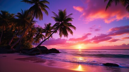 Ultra HD Magical Beach Landscape with Turquoise Waters, Palm Trees, and Stunning Sunset - Generative AI Generated Pink, Purple, and Orange Tones