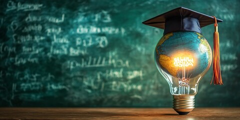 A creative visual of a glowing lightbulb with a globe and a graduation cap, symbolizing innovation in education and global learning. Great for educational content and academic campaigns.