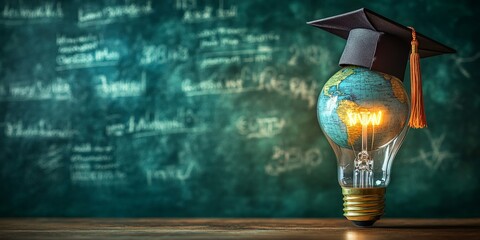 A creative visual of a glowing lightbulb with a globe and a graduation cap, symbolizing innovation in education and global learning. Great for educational content and academic campaigns.