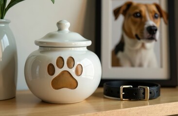 White ceramic cremation urn for ashes with image of pet paw footprint. Picture of passed away dog in frame. Black collar of beloved pet and friend on wooden table