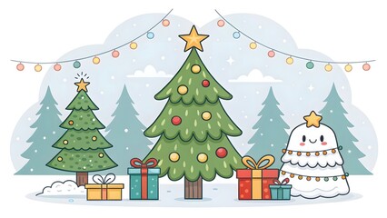 Obraz premium Cheerful Christmas Trees with Festive Decorations and Gifts V7