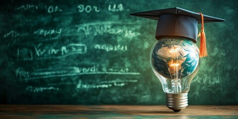 A creative visual of a glowing lightbulb with a globe and a graduation cap, symbolizing innovation in education and global learning. Great for educational content and academic campaigns.