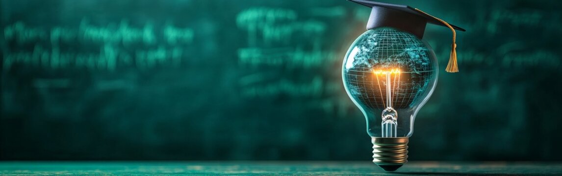A creative visual of a glowing lightbulb with a globe and a graduation cap, symbolizing innovation in education and global learning. Great for educational content and academic campaigns.