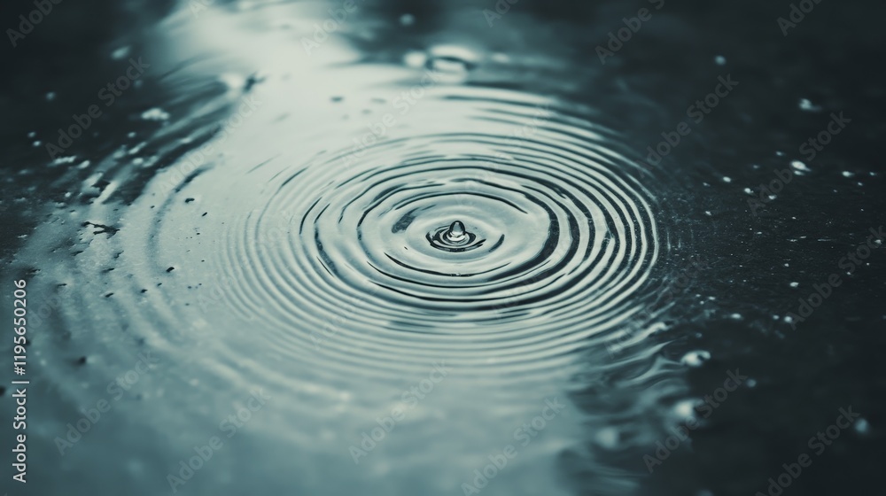 Poster single drop of water creating concentric ripples on a dark surface, illustrating concepts like rain,
