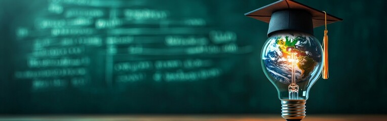 A creative visual of a glowing lightbulb with a globe and a graduation cap, symbolizing innovation in education and global learning. Great for educational content and academic campaigns.