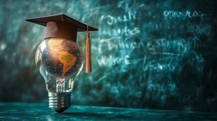 A creative visual of a glowing lightbulb with a globe and a graduation cap, symbolizing innovation in education and global learning. Great for educational content and academic campaigns.
