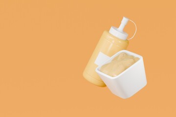 3d mayonnaise sauce. Fast food sauce concept. Minimal Cartoon Ketchup oil, egg yolk sauce red bottle packaging mockup food product icon creative isolated on transparent background. PNG. 3d render.
