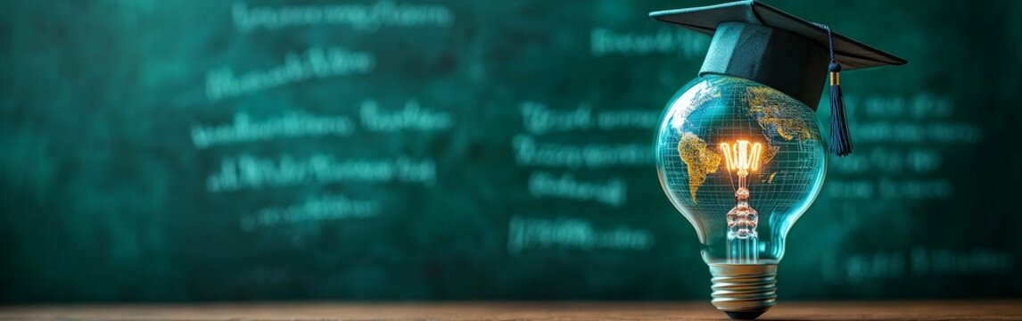 A creative visual of a glowing lightbulb with a globe and a graduation cap, symbolizing innovation in education and global learning. Great for educational content and academic campaigns.