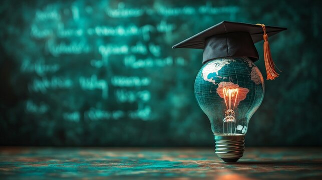 A creative visual of a glowing lightbulb with a globe and a graduation cap, symbolizing innovation in education and global learning. Great for educational content and academic campaigns.