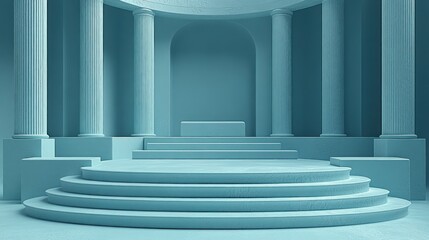 Elegant light blue circular podium with classical columns and steps, ideal for product display or presentation.