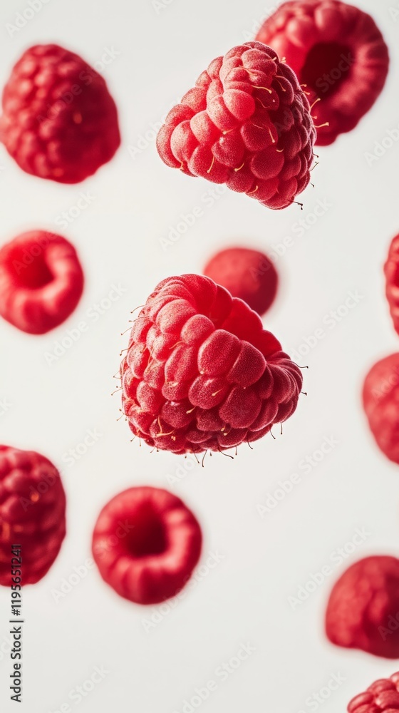 Poster fresh, ripe raspberries levitating against a clean white background create a striking and dynamic vi
