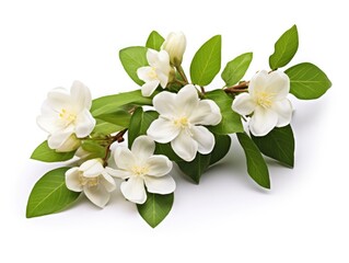 Obraz premium White Jasmine Flowers Isolated on White Background - Botanical Tea Plant with Ornamental Bunch of Leaves for Formal Setting and Floral Arrangements