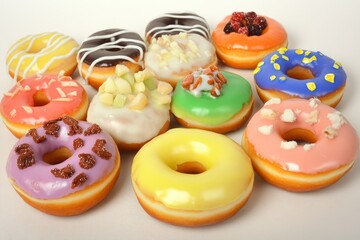 Colorful assorted donuts with various toppings arranged on white background.
