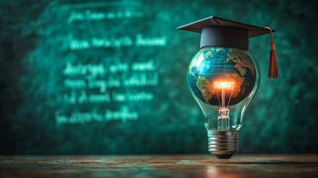 A creative visual of a glowing lightbulb with a globe and a graduation cap, symbolizing innovation in education and global learning. Great for educational content and academic campaigns.