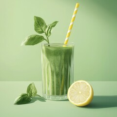 Fototapeta premium Green smoothie with basil leaves and lemon on pastel green background