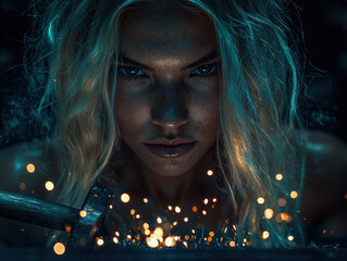 Female blacksmith shaping metal with hammer in hand illuminated by forge glow showcasing strength and artistry in vibrant colors