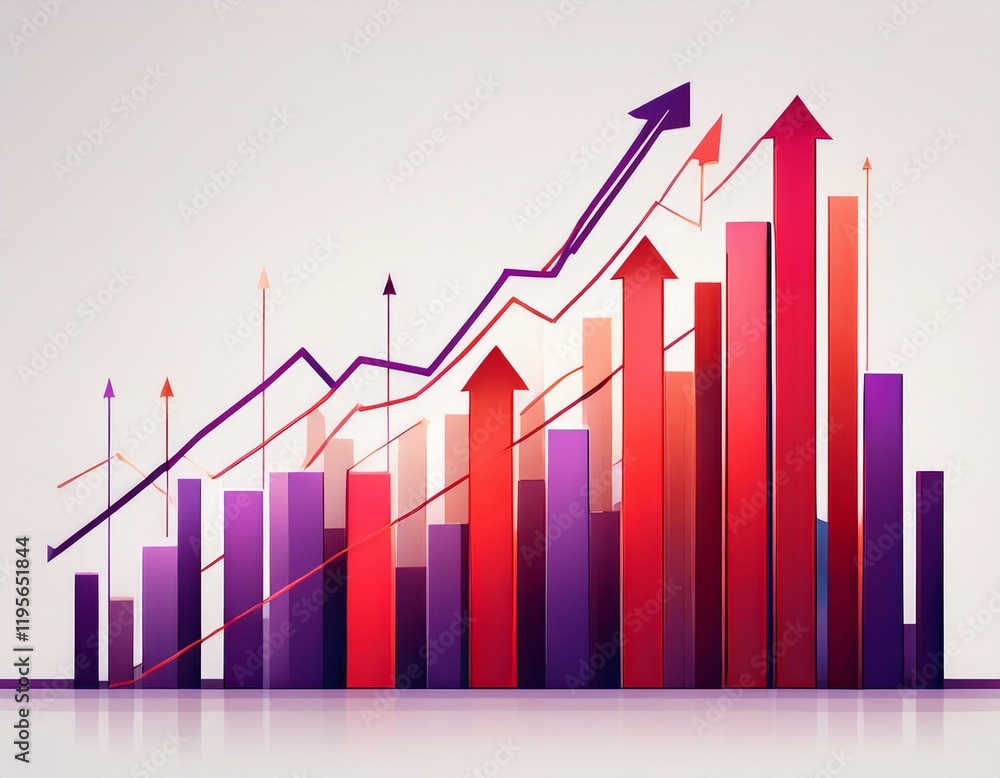 Poster red bar charts and purple line graphs with upward arrows on a white background representing financia