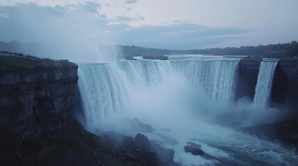 Fototapeta premium A dramatic long exposure of the Horseshoe Falls at Niagara, with silky water cascading into the misty gorge.