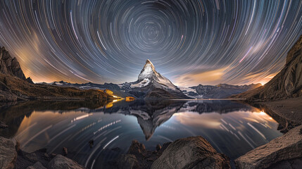 A dramatic long exposure of the Matterhorn in Switzerland, reflected in the still waters of Riffelsee Lake.