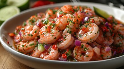 Freshly prepared shrimp ceviche with vibrant vegetables and herbs, garnished with lime, on a wooden table